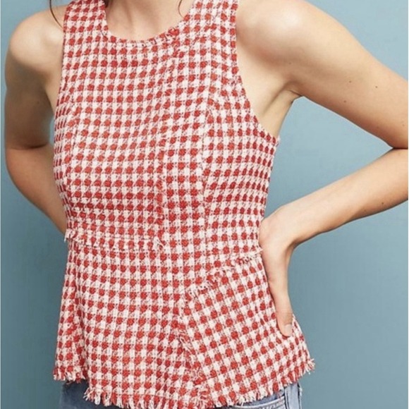 Anthropologie Maeve Womens Size 4 Sleeveless Red White Gingham Peplum Top - Picture 2 of 13